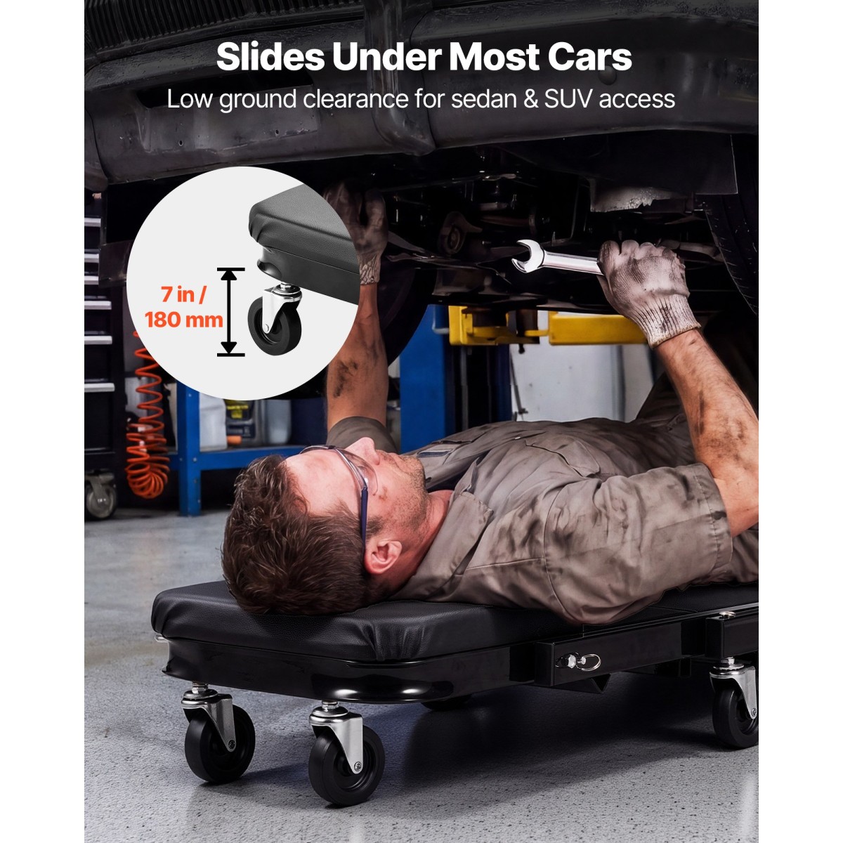 VEVOR 1015mm 3-σε-1 Folding Mechanic Creeper, Heavy Duty Z-Creeper Garage Roller, 218 kg Under Car Rolling Creeper με 6 περιστρεφόμενους τροχούς, Κάθισμα με επένδυση για επισκευή αυτοκινήτου
