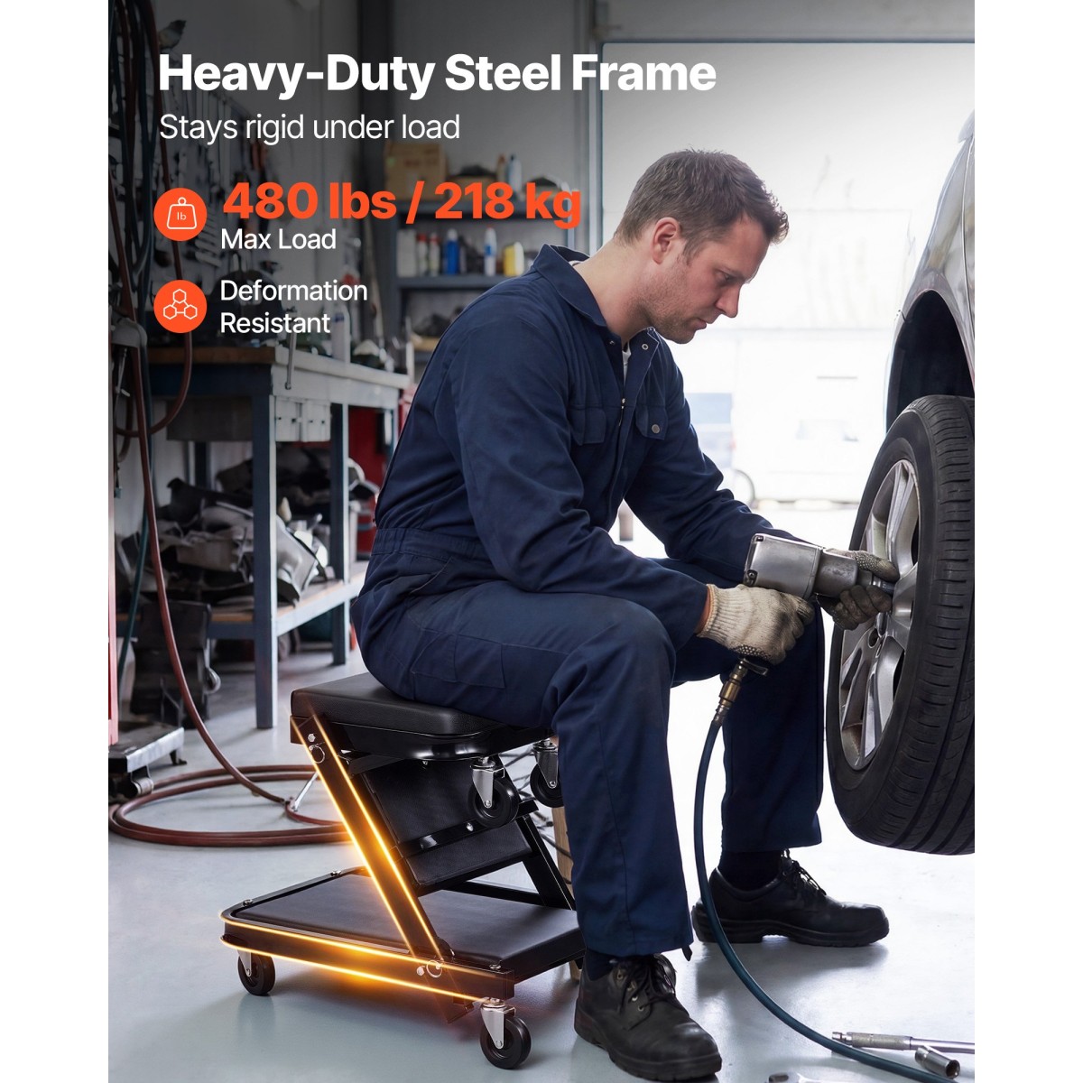 VEVOR 1015mm 3-σε-1 Folding Mechanic Creeper, Heavy Duty Z-Creeper Garage Roller, 218 kg Under Car Rolling Creeper με 6 περιστρεφόμενους τροχούς, Κάθισμα με επένδυση για επισκευή αυτοκινήτου