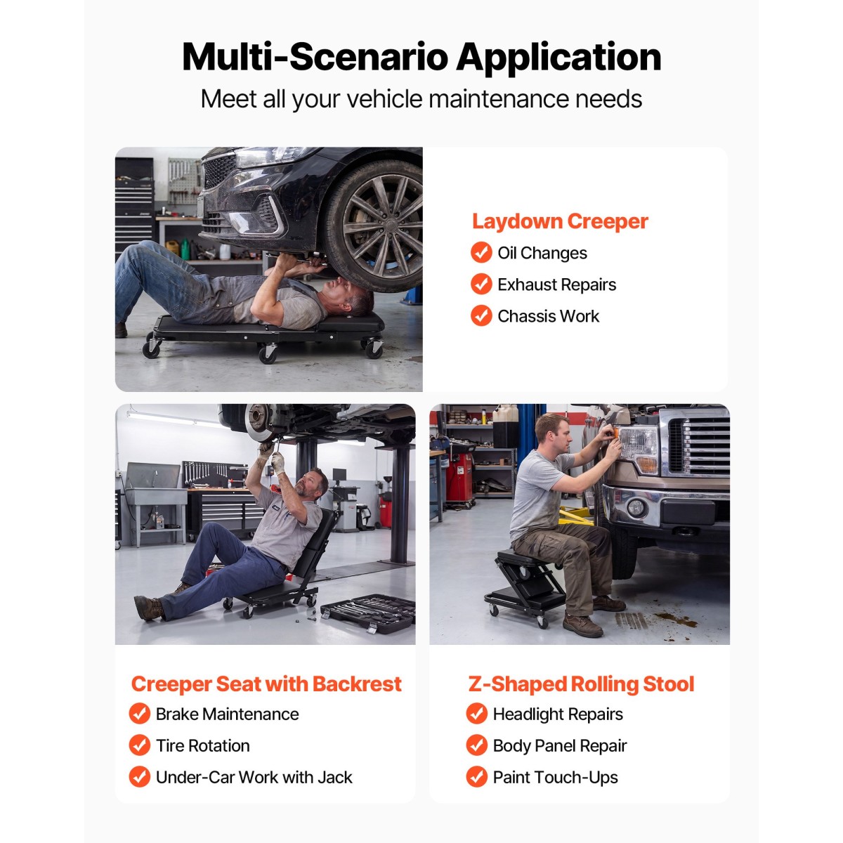 VEVOR 1015mm 3-σε-1 Folding Mechanic Creeper, Heavy Duty Z-Creeper Garage Roller, 218 kg Under Car Rolling Creeper με 6 περιστρεφόμενους τροχούς, Κάθισμα με επένδυση για επισκευή αυτοκινήτου