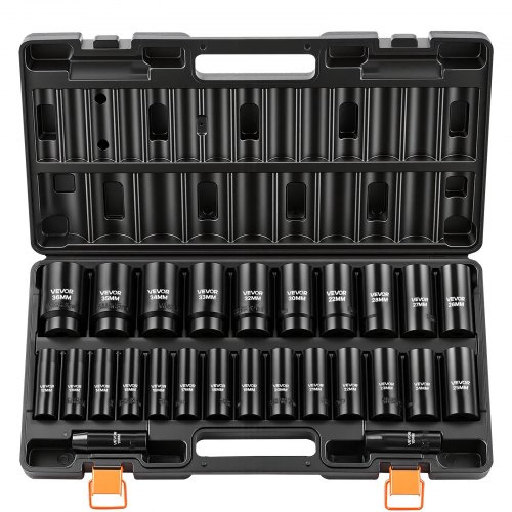 VEVOR Impact Socket Set, 1/2" Drive, 26 Piece Impact Sockets, 6 Point Sockets, Metric 10-30 mm, 32-36 mm, Εύκολη αναγνώριση, με στιβαρή θήκη αποθήκευσης, κατασκευή από κράμα χάλυβα Cr-V, για επισκευή οχημάτων