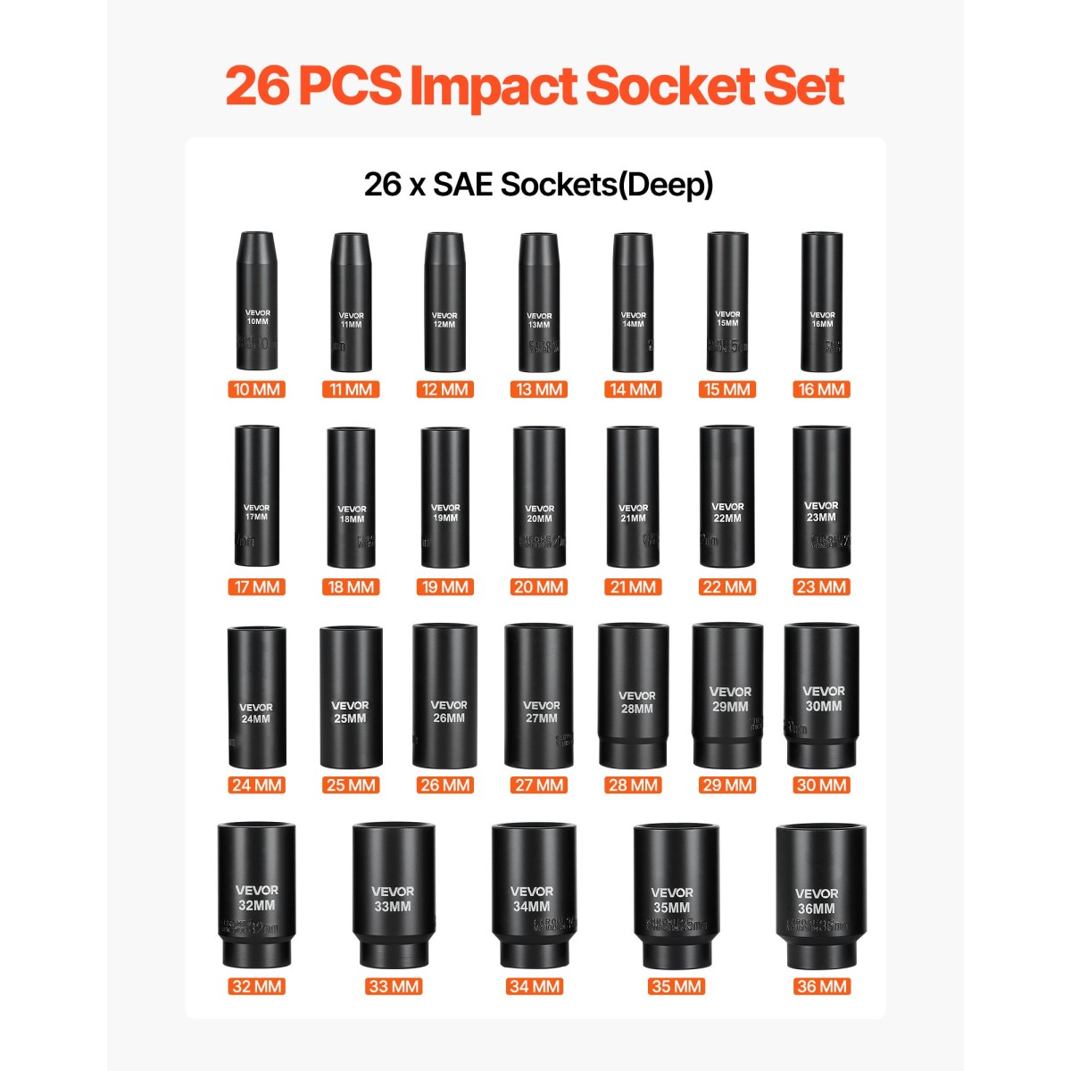 VEVOR Impact Socket Set, 1/2" Drive, 26 Piece Impact Sockets, 6 Point Sockets, Metric 10-30 mm, 32-36 mm, Εύκολη αναγνώριση, με στιβαρή θήκη αποθήκευσης, κατασκευή από κράμα χάλυβα Cr-V, για επισκευή οχημάτων