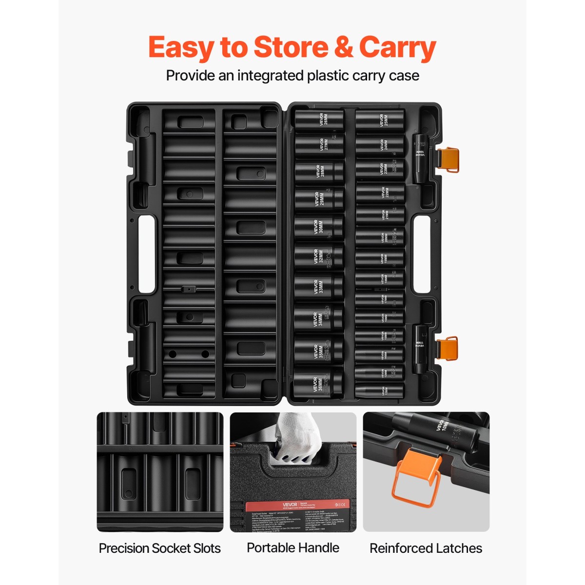 VEVOR Impact Socket Set, 1/2" Drive, 26 Piece Impact Sockets, 6 Point Sockets, Metric 10-30 mm, 32-36 mm, Εύκολη αναγνώριση, με στιβαρή θήκη αποθήκευσης, κατασκευή από κράμα χάλυβα Cr-V, για επισκευή οχημάτων