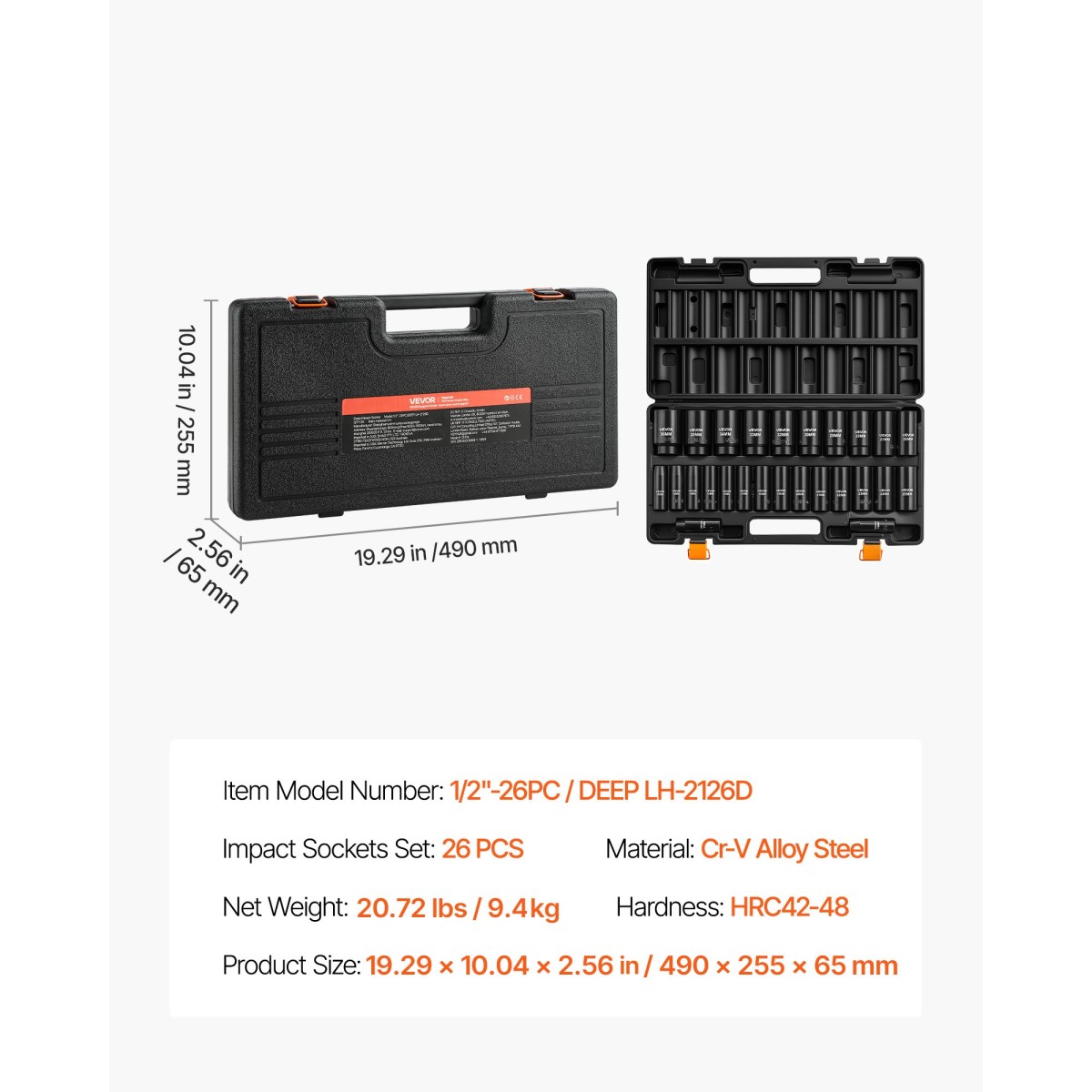 VEVOR Impact Socket Set, 1/2" Drive, 26 Piece Impact Sockets, 6 Point Sockets, Metric 10-30 mm, 32-36 mm, Εύκολη αναγνώριση, με στιβαρή θήκη αποθήκευσης, κατασκευή από κράμα χάλυβα Cr-V, για επισκευή οχημάτων