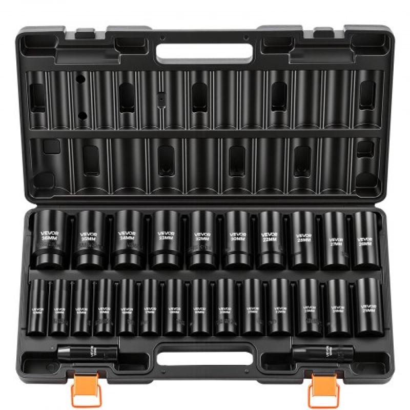 VEVOR Impact Socket Set, 1/2" Drive, 26 Piece Impact Sockets, 6 Point Sockets, Metric 10-30 mm, 32-36 mm, Εύκολη αναγνώριση, με στιβαρή θήκη αποθήκευσης, κατασκευή από κράμα χάλυβα Cr-V, για επισκευή οχημάτων
