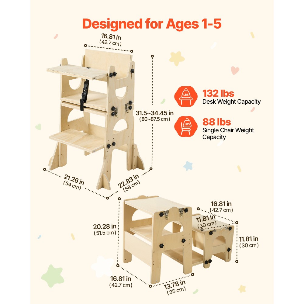 VEVOR Toddler Tower, Ξύλινο, ρυθμιζόμενο σκαμπό κουζίνας για παιδιά 1-5, Σετ τραπεζιού και καρέκλας απογαλακτισμού Montessori, Learning Standing Tower με Μαυροπίνακα, Πλάτη, για Μπάνιο και Πάγκος Κουζίνας