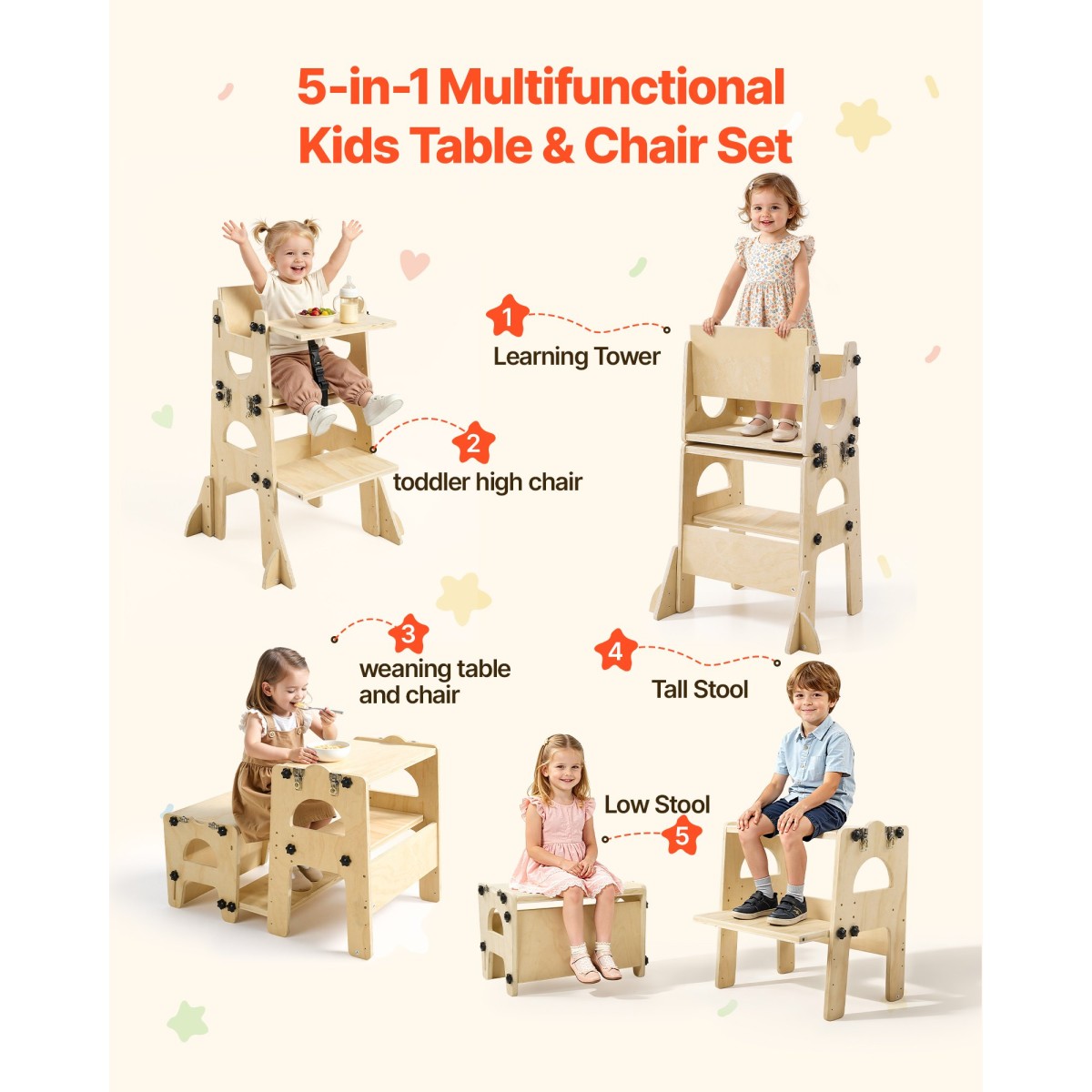 VEVOR Toddler Tower, Ξύλινο, ρυθμιζόμενο σκαμπό κουζίνας για παιδιά 1-5, Σετ τραπεζιού και καρέκλας απογαλακτισμού Montessori, Learning Standing Tower με Μαυροπίνακα, Πλάτη, για Μπάνιο και Πάγκος Κουζίνας