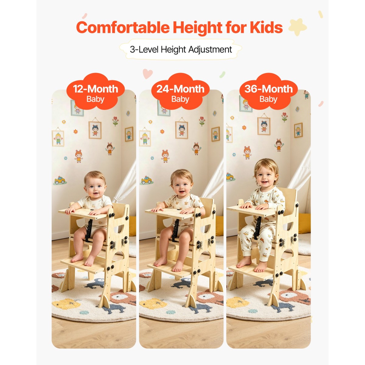 VEVOR Toddler Tower, Ξύλινο, ρυθμιζόμενο σκαμπό κουζίνας για παιδιά 1-5, Σετ τραπεζιού και καρέκλας απογαλακτισμού Montessori, Learning Standing Tower με Μαυροπίνακα, Πλάτη, για Μπάνιο και Πάγκος Κουζίνας