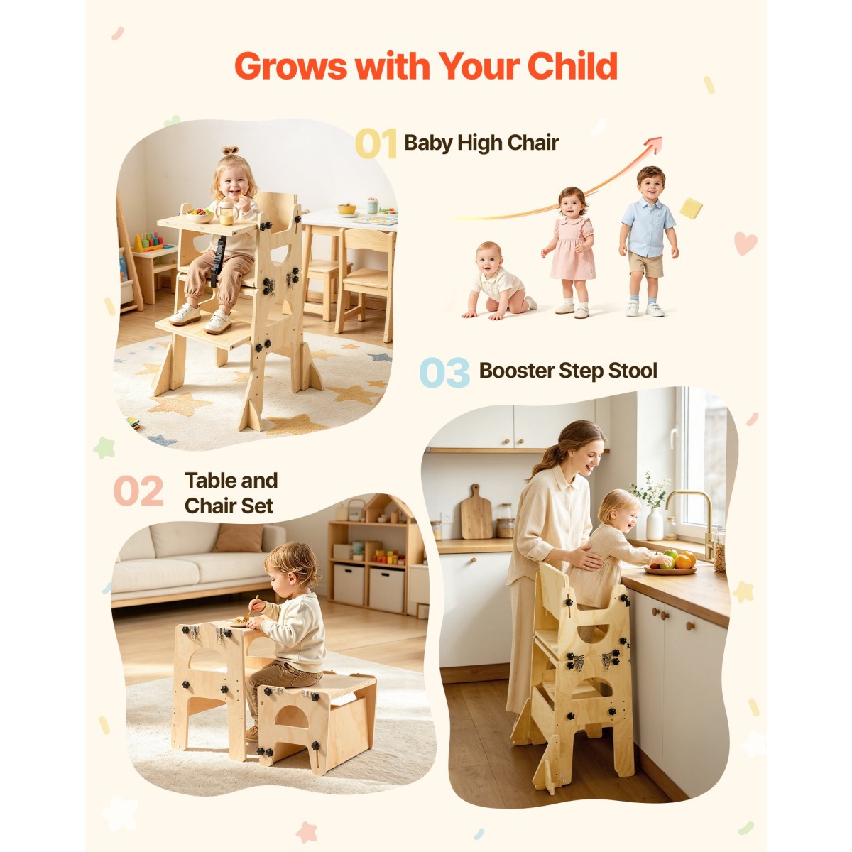 VEVOR Toddler Tower, Ξύλινο, ρυθμιζόμενο σκαμπό κουζίνας για παιδιά 1-5, Σετ τραπεζιού και καρέκλας απογαλακτισμού Montessori, Learning Standing Tower με Μαυροπίνακα, Πλάτη, για Μπάνιο και Πάγκος Κουζίνας