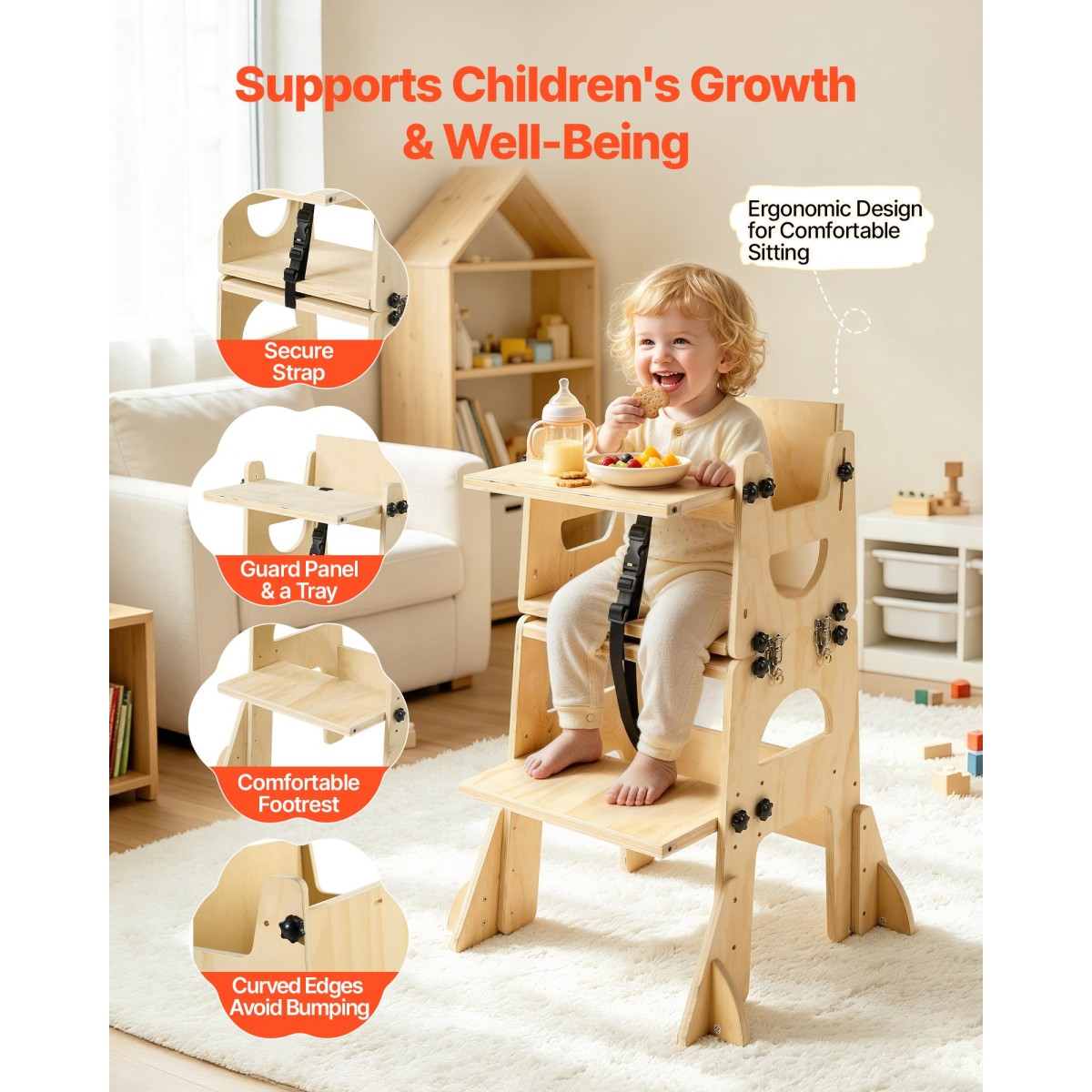 VEVOR Toddler Tower, Ξύλινο, ρυθμιζόμενο σκαμπό κουζίνας για παιδιά 1-5, Σετ τραπεζιού και καρέκλας απογαλακτισμού Montessori, Learning Standing Tower με Μαυροπίνακα, Πλάτη, για Μπάνιο και Πάγκος Κουζίνας