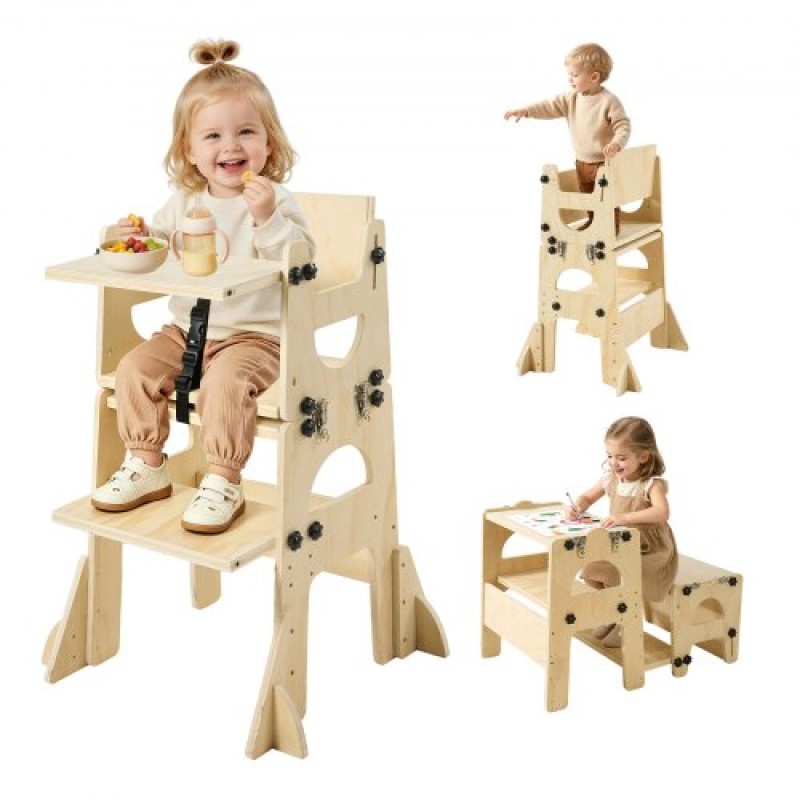 VEVOR Toddler Tower, Ξύλινο, ρυθμιζόμενο σκαμπό κουζίνας για παιδιά 1-5, Σετ τραπεζιού και καρέκλας απογαλακτισμού Montessori, Learning Standing Tower με Μαυροπίνακα, Πλάτη, για Μπάνιο και Πάγκος Κουζίνας