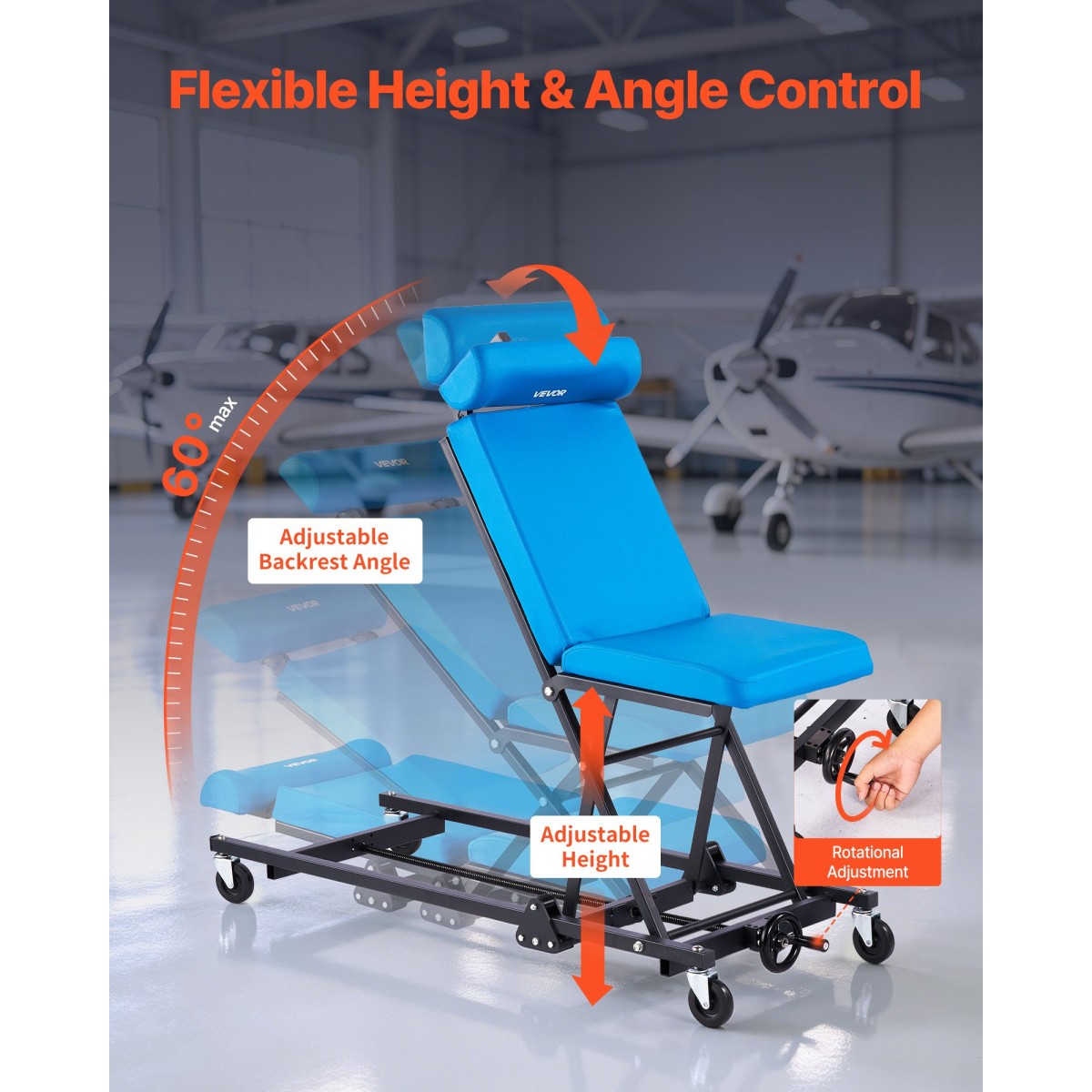 VEVOR 1230mm ρυθμιζόμενο ύψος Mechanic Creeper, 258 kg Under Car Rolling Garage Creeper Seat με ρυθμιζόμενη πλάτη & προσκέφαλο, επενδυμένη καρέκλα καταστήματος για επισκευή αυτοκινήτων και αεροσκαφών