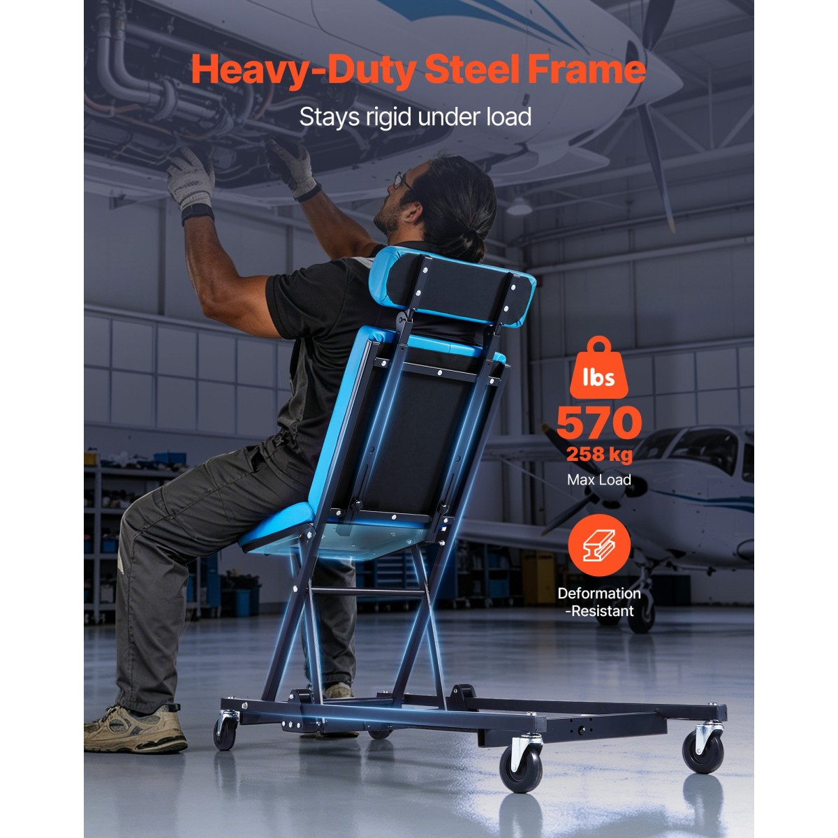 VEVOR 1230mm ρυθμιζόμενο ύψος Mechanic Creeper, 258 kg Under Car Rolling Garage Creeper Seat με ρυθμιζόμενη πλάτη & προσκέφαλο, επενδυμένη καρέκλα καταστήματος για επισκευή αυτοκινήτων και αεροσκαφών