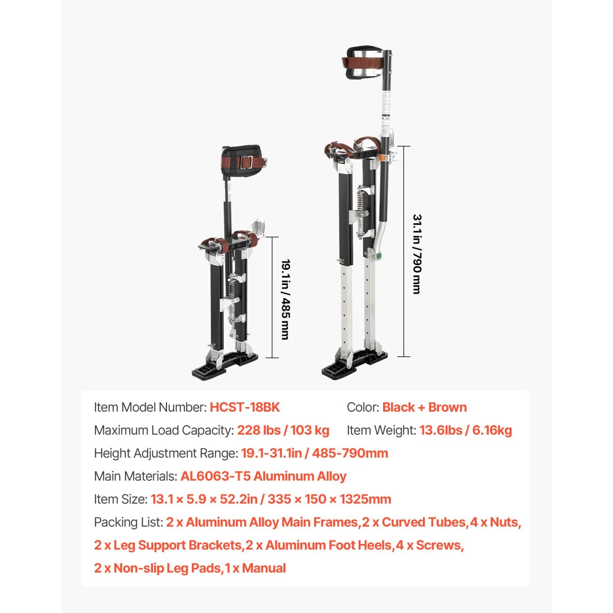 Ξυλοπόδαρα γυψοσανίδας VEVOR, 485-790 mm ρυθμιζόμενα ξυλάκια αλουμινίου Painter, χωρητικότητα 103 kg, Αντιολισθητικά πόδια από καουτσούκ, διπλή απορρόφηση κραδασμών ελατηρίου, άνετοι ιμάντες ποδιών για βάψιμο, διακόσμηση, μαύρο