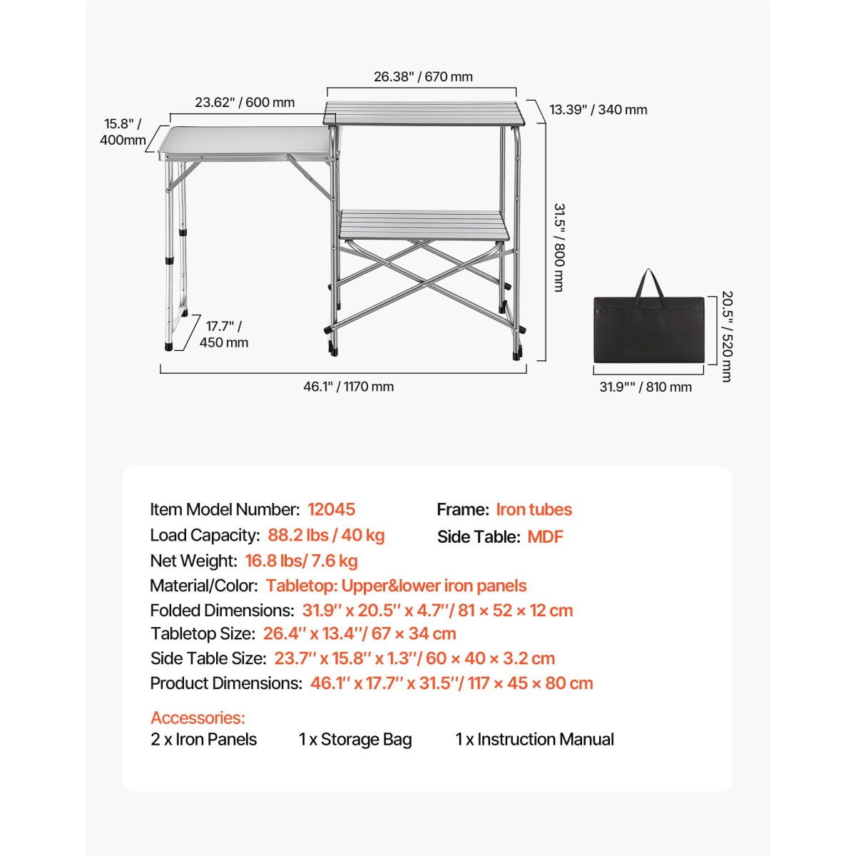 Τραπέζι κουζίνας για κάμπινγκ VEVOR, Slim-fold Cook Station, φορητό πτυσσόμενο τραπέζι, με πλαϊνό τραπέζι, επιτραπέζιο ανθεκτικό στη θερμότητα και τσάντα μεταφοράς, Ιδανικό για υπαίθρια πικνίκ, μπάρμπεκιου, κάμπινγκ, ταξίδια με RV