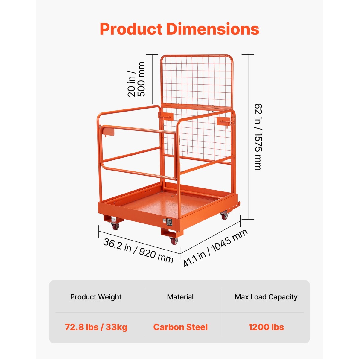 VEVOR Forklift Safety Cage, 920 x 1045 mm, Forklift Man Basket with 4 Wheels, 544,31 kg Χωρητικότητα φόρτωσης, Πλατφόρμα εργασίας βαρέως τύπου, Σετ ασφαλείας πτυσσόμενου καλαθιού ανύψωσης, για τις περισσότερες εναέριες εργασίες Ανύψωση φορτωτή