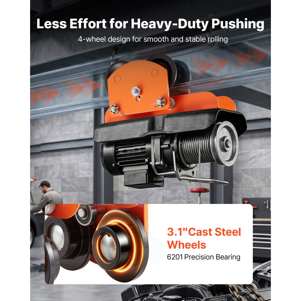 VEVOR Electric Hoist Manual Trolley, 0,5 Ton Load Capacity for PA200 PA250 PA300 PA400 PA500, Push Beam Trolley with Dual Wheels, 68-110 mm Ρυθμιζόμενο πλάτος φλάντζας δοκού για ίσια και καμπύλα I-Beam