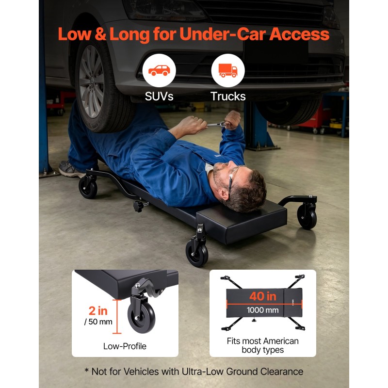 VEVOR 1m Mechanic Creeper με 4 μεγάλους τροχούς, 180 kg Χαμηλού προφίλ κάτω από κύλινδρο γκαράζ αυτοκινήτου, Rolling Creeper με ανασηκωμένο προσκέφαλο, χειροκίνητο φρένο για επισκευή αυτοκινήτου