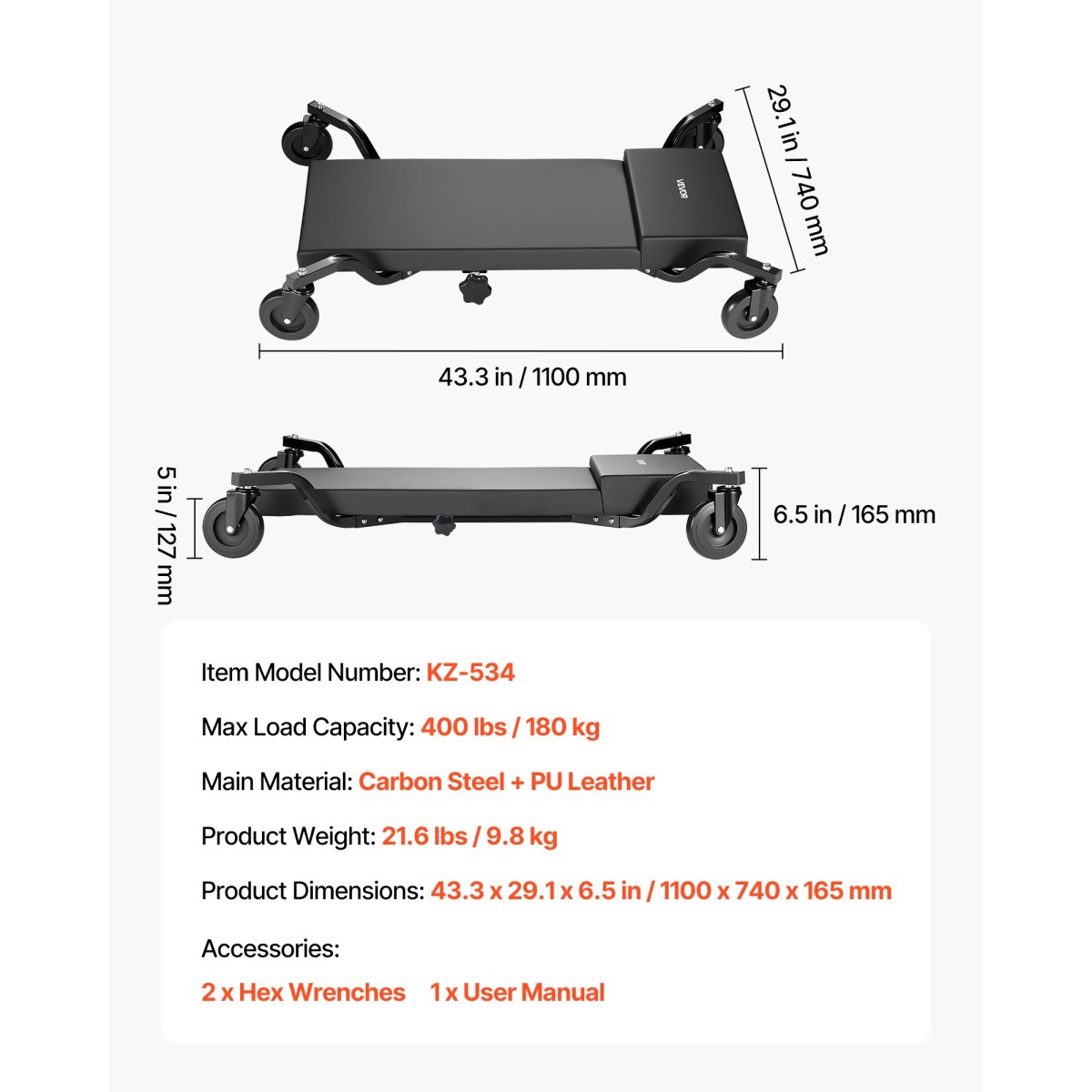 VEVOR 1m Mechanic Creeper με 4 μεγάλους τροχούς, 180 kg Χαμηλού προφίλ κάτω από κύλινδρο γκαράζ αυτοκινήτου, Rolling Creeper με ανασηκωμένο προσκέφαλο, χειροκίνητο φρένο για επισκευή αυτοκινήτου
