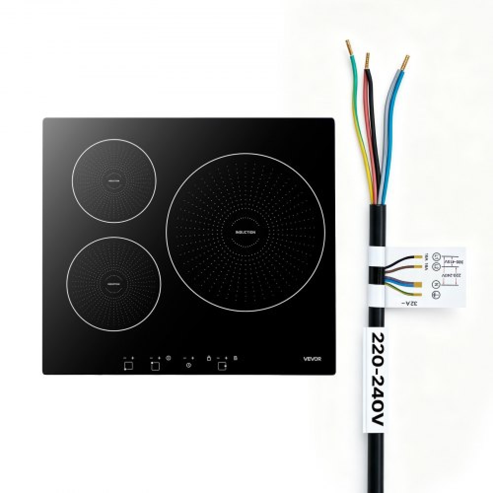 VEVOR Επαγωγική Κουζίνα 60 cm 3 Καυστήρες Εντοιχισμένη Ηλεκτρική Σόμπα 220V 6200W, Πάγκος Επαγωγικός Καυστήρας, με 9 Επίπεδα Ισχύος, Οθόνη Αφής LED, Κεραμική Γυάλινη Επιφάνεια, Παιδική Κλειδαριά, για Κουζίνα, RV