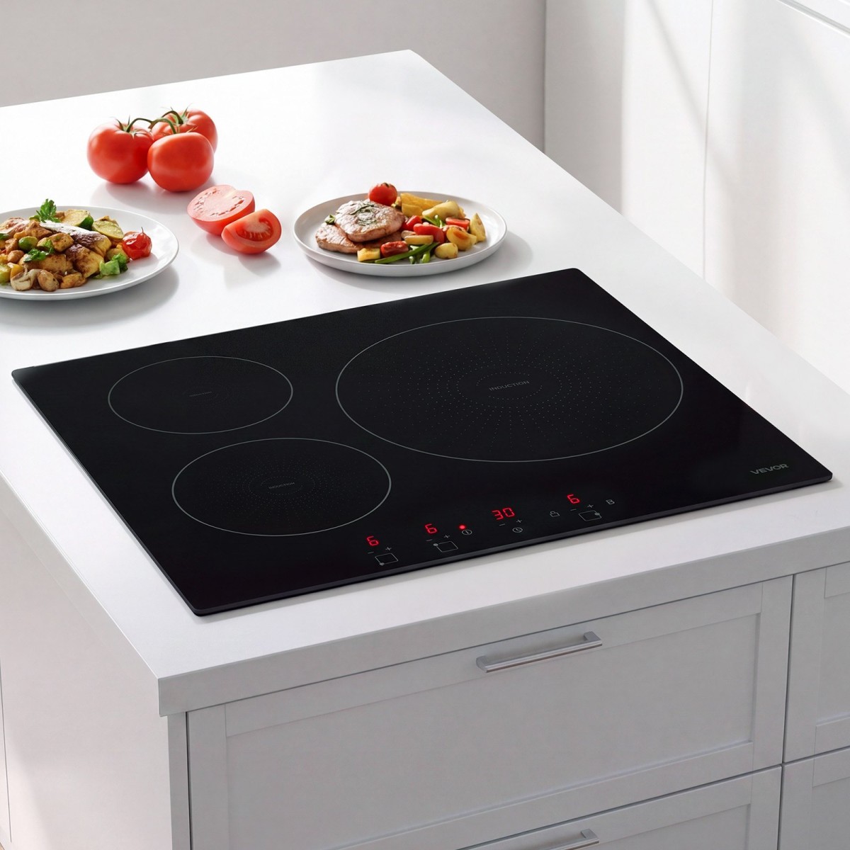 VEVOR Επαγωγική Κουζίνα 60 cm 3 Καυστήρες Εντοιχισμένη Ηλεκτρική Σόμπα 220V 6200W, Πάγκος Επαγωγικός Καυστήρας, με 9 Επίπεδα Ισχύος, Οθόνη Αφής LED, Κεραμική Γυάλινη Επιφάνεια, Παιδική Κλειδαριά, για Κουζίνα, RV