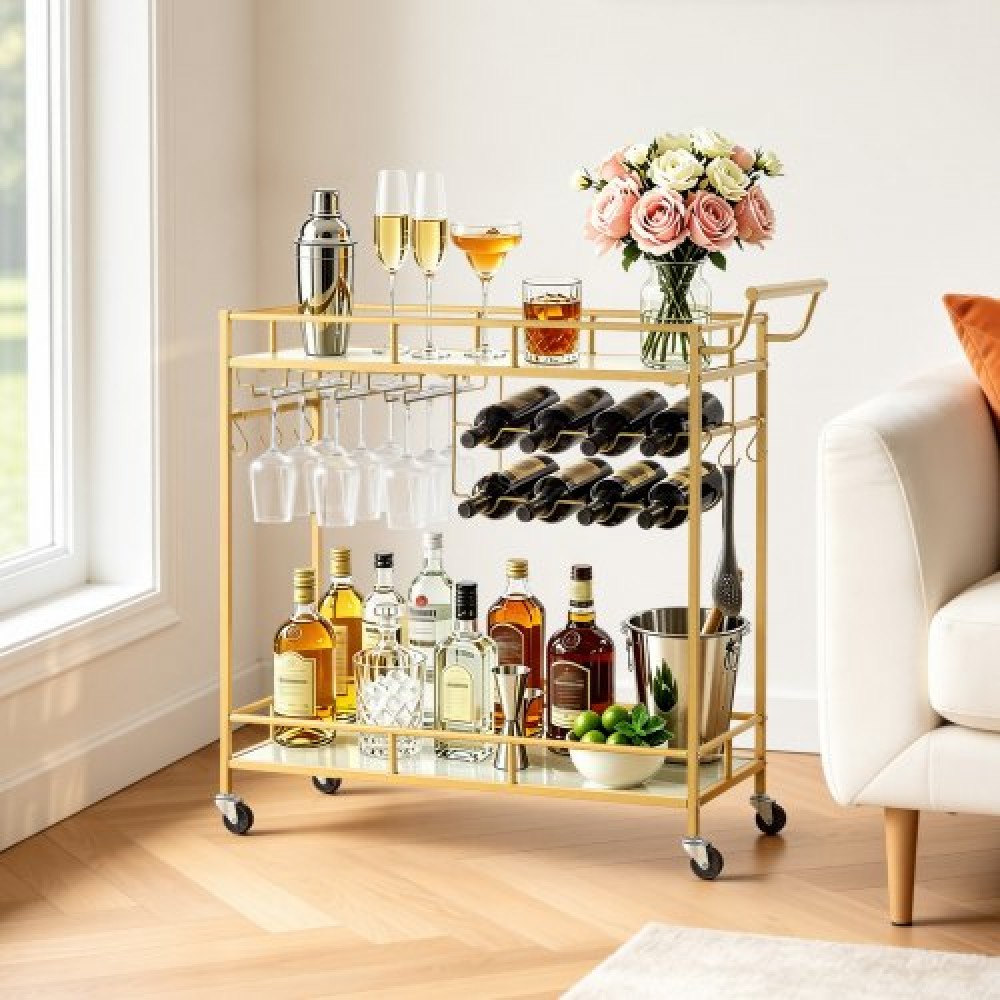 VEVOR Bar Cart, 2 επιπέδων καρότσια σερβιρίσματος κουζίνας για το σπίτι, μοντέρνο κυλιόμενο βοηθητικό σταθμό σε ρόδες, τρόλεϊ ποτών με ράφια από γυαλί καθρέφτη, ράφι κρασιού, ποτηροθήκη, για σαλόνι, τραπεζαρία, χρυσό