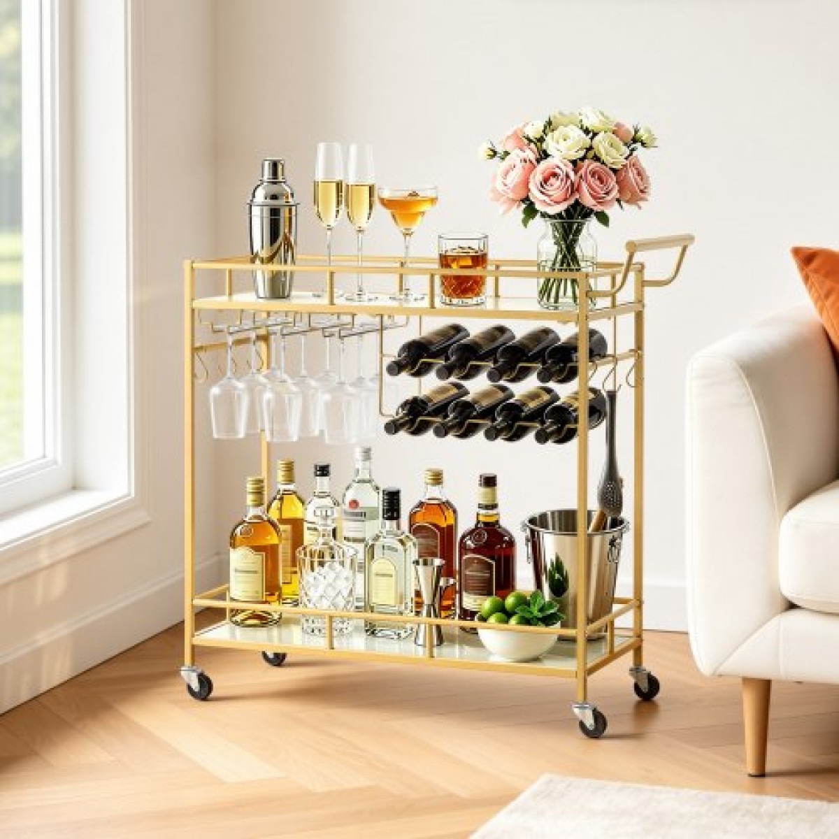 VEVOR Bar Cart, 2 επιπέδων καρότσια σερβιρίσματος κουζίνας για το σπίτι, μοντέρνο κυλιόμενο βοηθητικό σταθμό σε ρόδες, τρόλεϊ ποτών με ράφια από γυαλί καθρέφτη, ράφι κρασιού, ποτηροθήκη, για σαλόνι, τραπεζαρία, χρυσό