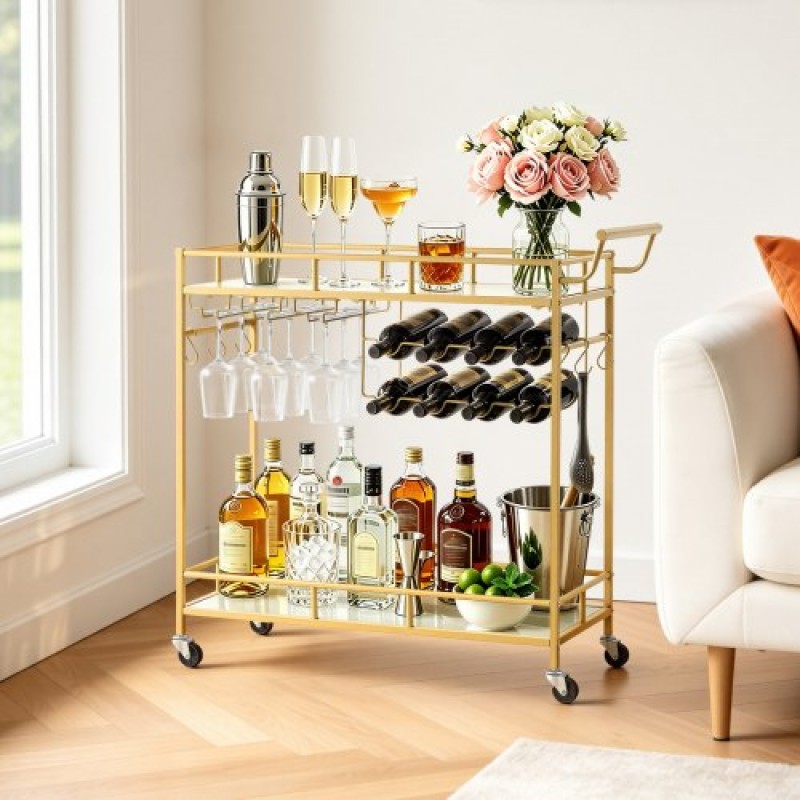 VEVOR Bar Cart, 2 επιπέδων καρότσια σερβιρίσματος κουζίνας για το σπίτι, μοντέρνο κυλιόμενο βοηθητικό σταθμό σε ρόδες, τρόλεϊ ποτών με ράφια από γυαλί καθρέφτη, ράφι κρασιού, ποτηροθήκη, για σαλόνι, τραπεζαρία, χρυσό