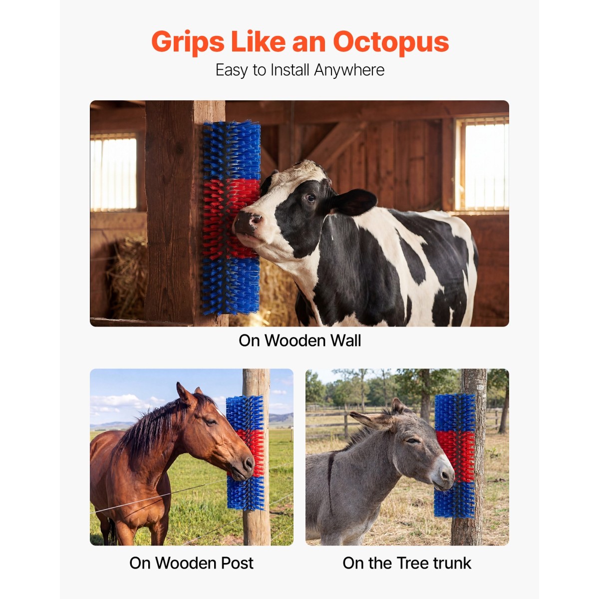 VEVOR Livestock Scratching Brush, 3PCS Goat Scratcher Brush Post with 12 Screws, 430 x 190 mm Ξυστό αγελάδας για ανακούφιση από τον κνησμό στην πλάτη, Εργαλείο γρατσουνιάς μασάζ περιποίησης για πρόβατα χοίρων αλόγου, μπλε & κόκκινο