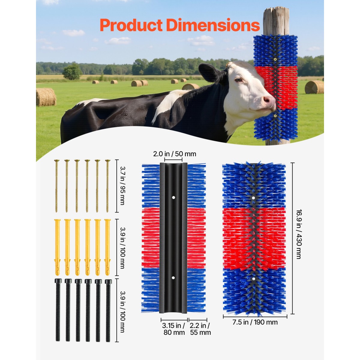 VEVOR Livestock Scratching Brush, 3PCS Goat Scratcher Brush Post with 12 Screws, 430 x 190 mm Ξυστό αγελάδας για ανακούφιση από τον κνησμό στην πλάτη, Εργαλείο γρατσουνιάς μασάζ περιποίησης για πρόβατα χοίρων αλόγου, μπλε & κόκκινο