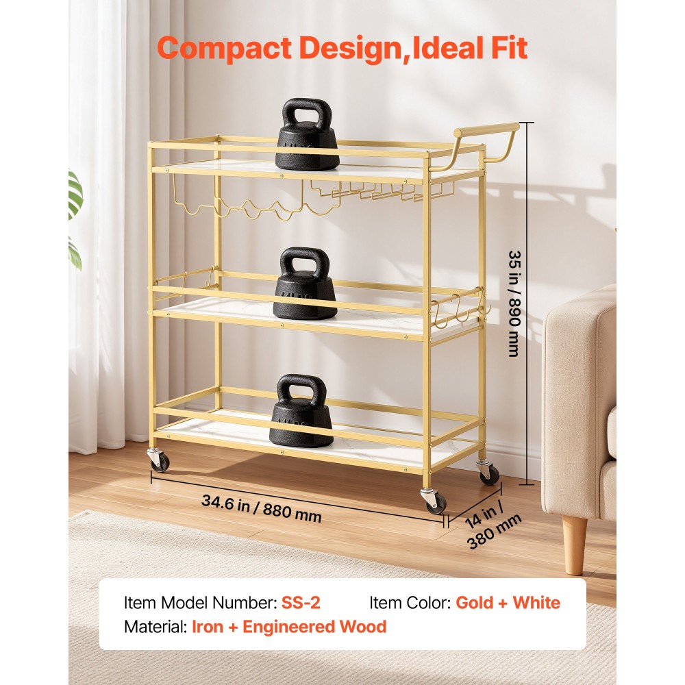 VEVOR Bar Cart, 3 επιπέδων καρότσια σερβιρίσματος κουζίνας για το σπίτι, μοντέρνο Rolling Utility Station με ρόδες, Κινητό καρότσι ποτών με ξύλινο ράφι, ράφι κρασιού και ποτηροθήκη, 910x330x935mm, χρυσό