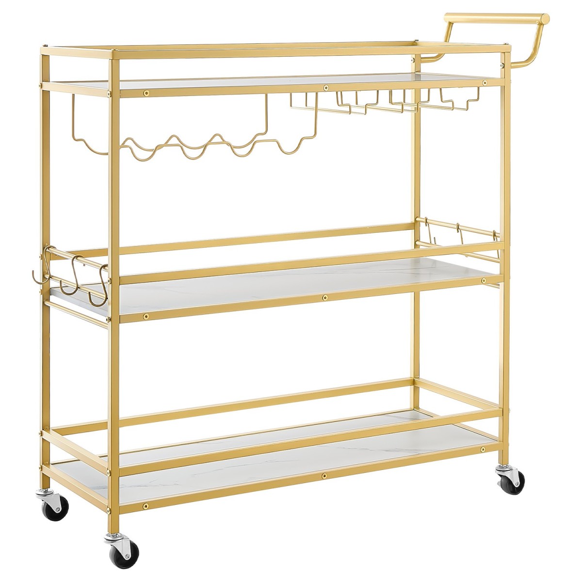 VEVOR Bar Cart, 3 επιπέδων καρότσια σερβιρίσματος κουζίνας για το σπίτι, μοντέρνο Rolling Utility Station με ρόδες, Κινητό καρότσι ποτών με ξύλινο ράφι, ράφι κρασιού και ποτηροθήκη, 910x330x935mm, χρυσό