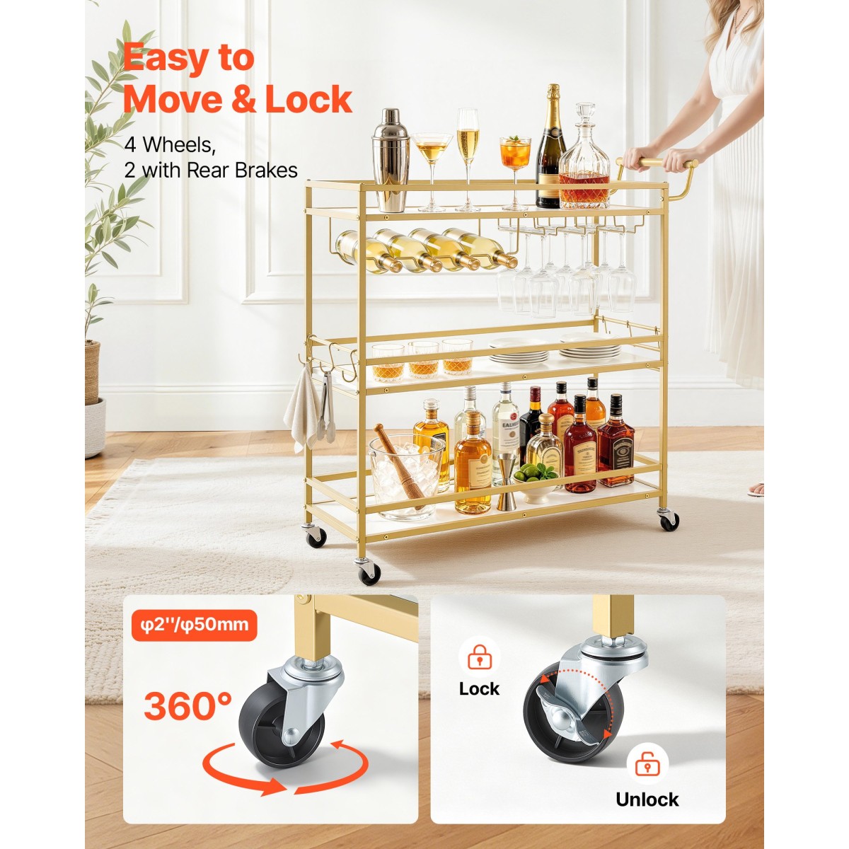 VEVOR Bar Cart, 3 επιπέδων καρότσια σερβιρίσματος κουζίνας για το σπίτι, μοντέρνο Rolling Utility Station με ρόδες, Κινητό καρότσι ποτών με ξύλινο ράφι, ράφι κρασιού και ποτηροθήκη, 910x330x935mm, χρυσό