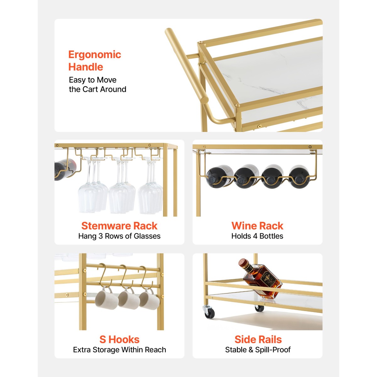 VEVOR Bar Cart, 3 επιπέδων καρότσια σερβιρίσματος κουζίνας για το σπίτι, μοντέρνο Rolling Utility Station με ρόδες, Κινητό καρότσι ποτών με ξύλινο ράφι, ράφι κρασιού και ποτηροθήκη, 910x330x935mm, χρυσό