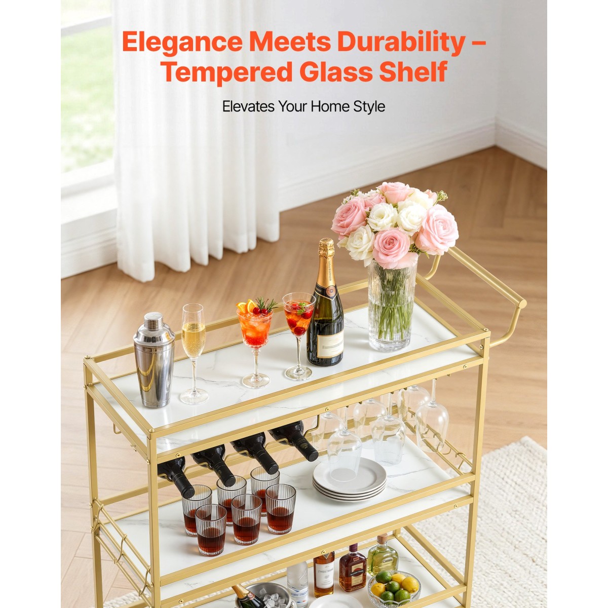 VEVOR Bar Cart, 3 επιπέδων καρότσια σερβιρίσματος κουζίνας για το σπίτι, μοντέρνο Rolling Utility Station με ρόδες, Κινητό καρότσι ποτών με ξύλινο ράφι, ράφι κρασιού και ποτηροθήκη, 910x330x935mm, χρυσό