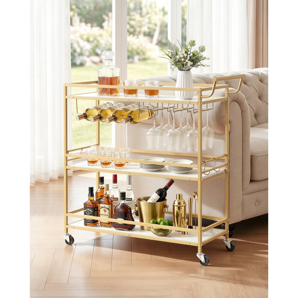 VEVOR Bar Cart, 3 επιπέδων καρότσια σερβιρίσματος κουζίνας για το σπίτι, μοντέρνο Rolling Utility Station με ρόδες, Κινητό καρότσι ποτών με ξύλινο ράφι, ράφι κρασιού και ποτηροθήκη, 910x330x935mm, χρυσό