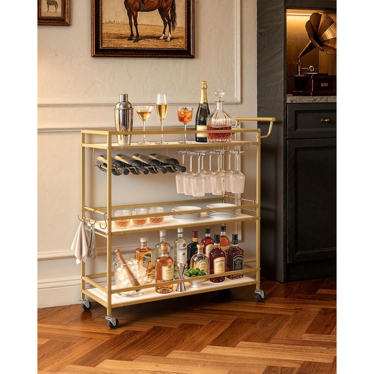 VEVOR Bar Cart, 3 επιπέδων καρότσια σερβιρίσματος κουζίνας για το σπίτι, μοντέρνο Rolling Utility Station με ρόδες, Κινητό καρότσι ποτών με ξύλινο ράφι, ράφι κρασιού και ποτηροθήκη, 910x330x935mm, χρυσό