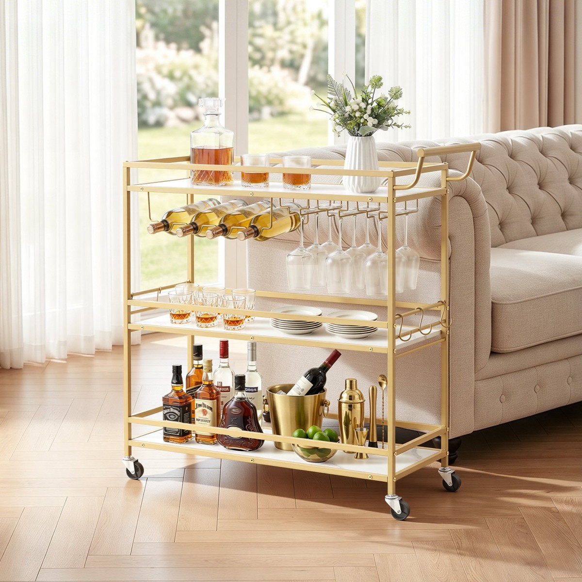 VEVOR Bar Cart, 3 επιπέδων καρότσια σερβιρίσματος κουζίνας για το σπίτι, μοντέρνο Rolling Utility Station με ρόδες, Κινητό καρότσι ποτών με ξύλινο ράφι, ράφι κρασιού και ποτηροθήκη, 910x330x935mm, χρυσό
