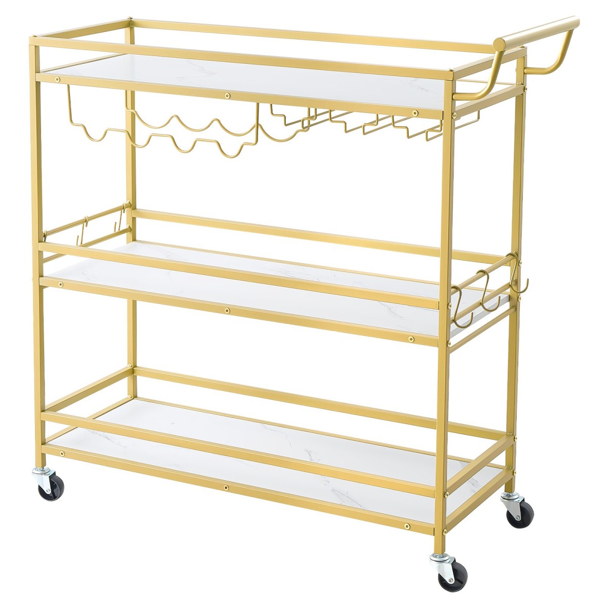 VEVOR Bar Cart, 3 επιπέδων καρότσια σερβιρίσματος κουζίνας για το σπίτι, μοντέρνο Rolling Utility Station με ρόδες, Κινητό καρότσι ποτών με ξύλινο ράφι, ράφι κρασιού και ποτηροθήκη, 910x330x935mm, χρυσό