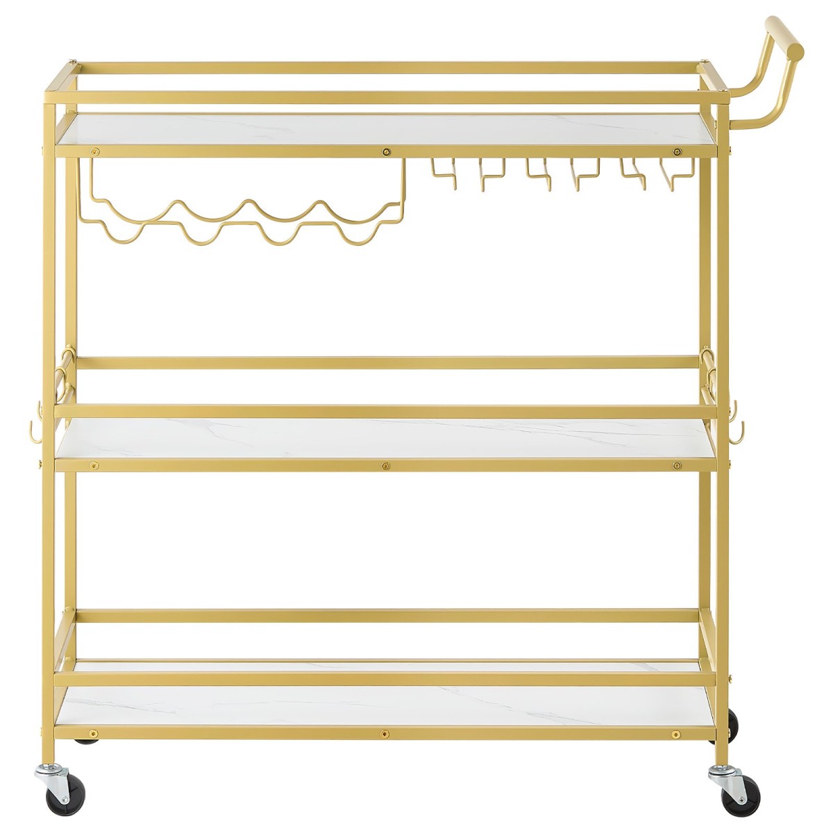 VEVOR Bar Cart, 3 επιπέδων καρότσια σερβιρίσματος κουζίνας για το σπίτι, μοντέρνο Rolling Utility Station με ρόδες, Κινητό καρότσι ποτών με ξύλινο ράφι, ράφι κρασιού και ποτηροθήκη, 910x330x935mm, χρυσό