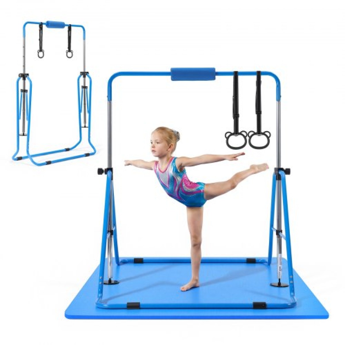 VEVOR Gymnastic Bars for Kids, 63,5 kg Πτυσσόμενη Μπάρα προπόνησης χωρητικότητας με χαλάκι, ρυθμιζόμενο ύψος γυμναστική οριζόντια μπάρα για το σπίτι, εξοπλισμός προπόνησης για εσωτερικούς εξωτερικούς χώρους, Εύκολη συναρμολόγηση, Μπλε