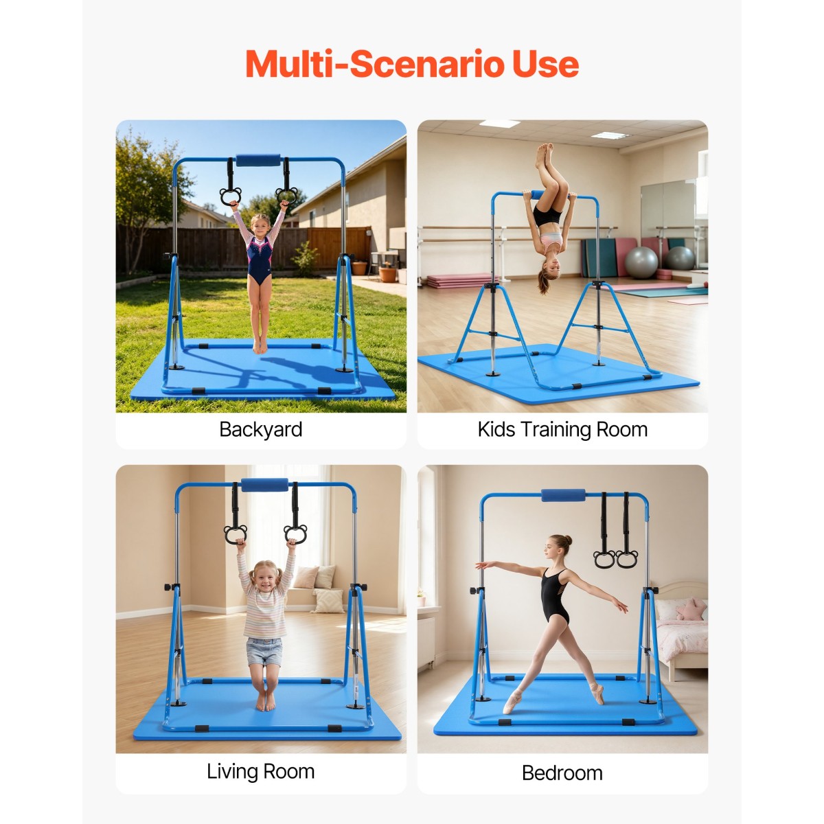 VEVOR Gymnastic Bars for Kids, 63,5 kg Πτυσσόμενη Μπάρα προπόνησης χωρητικότητας με χαλάκι, ρυθμιζόμενο ύψος γυμναστική οριζόντια μπάρα για το σπίτι, εξοπλισμός προπόνησης για εσωτερικούς εξωτερικούς χώρους, Εύκολη συναρμολόγηση, Μπλε