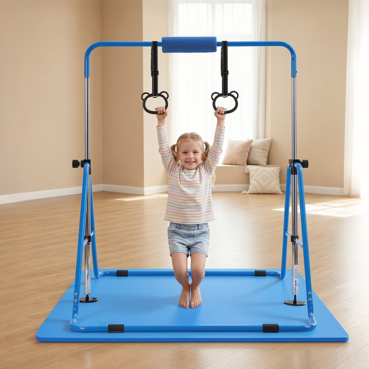 VEVOR Gymnastic Bars for Kids, 63,5 kg Πτυσσόμενη Μπάρα προπόνησης χωρητικότητας με χαλάκι, ρυθμιζόμενο ύψος γυμναστική οριζόντια μπάρα για το σπίτι, εξοπλισμός προπόνησης για εσωτερικούς εξωτερικούς χώρους, Εύκολη συναρμολόγηση, Μπλε