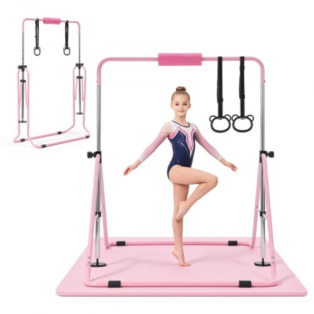 VEVOR Gymnastic Bars for Kids, 63,5 kg Πτυσσόμενη Μπάρα προπόνησης χωρητικότητας με χαλάκι, ρυθμιζόμενο ύψος γυμναστική οριζόντια μπάρα για το σπίτι, εξοπλισμός προπόνησης για εσωτερικούς εξωτερικούς χώρους, Εύκολη συναρμολόγηση, Ροζ