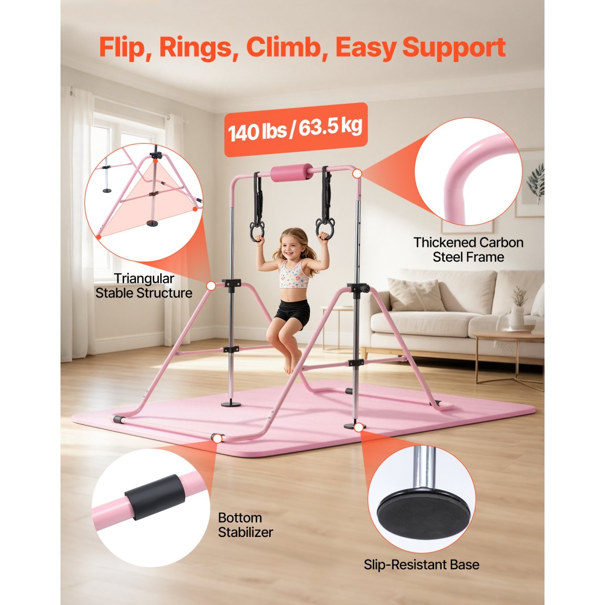 VEVOR Gymnastic Bars for Kids, 63,5 kg Πτυσσόμενη Μπάρα προπόνησης χωρητικότητας με χαλάκι, ρυθμιζόμενο ύψος γυμναστική οριζόντια μπάρα για το σπίτι, εξοπλισμός προπόνησης για εσωτερικούς εξωτερικούς χώρους, Εύκολη συναρμολόγηση, Ροζ