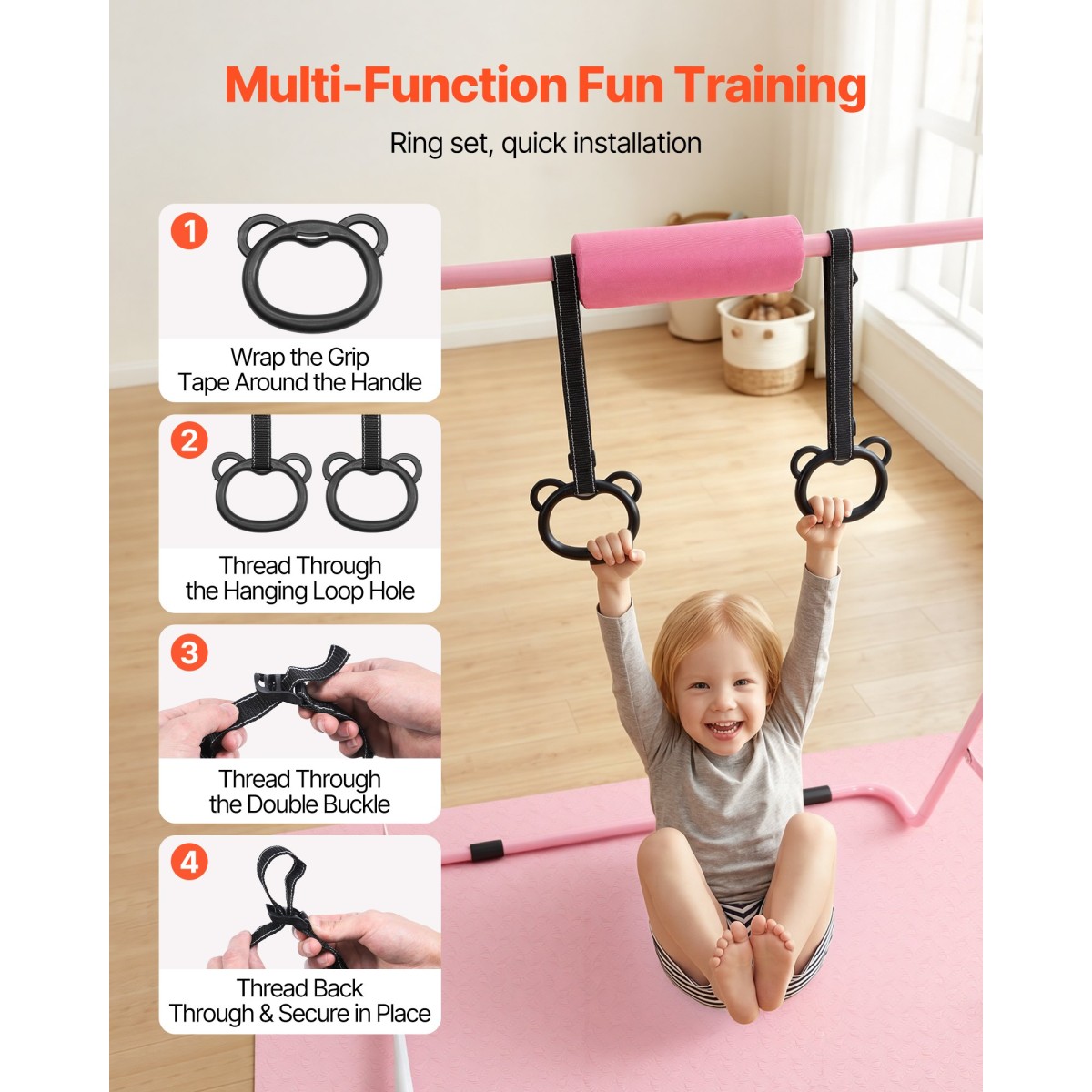 VEVOR Gymnastic Bars for Kids, 63,5 kg Πτυσσόμενη Μπάρα προπόνησης χωρητικότητας με χαλάκι, ρυθμιζόμενο ύψος γυμναστική οριζόντια μπάρα για το σπίτι, εξοπλισμός προπόνησης για εσωτερικούς εξωτερικούς χώρους, Εύκολη συναρμολόγηση, Ροζ