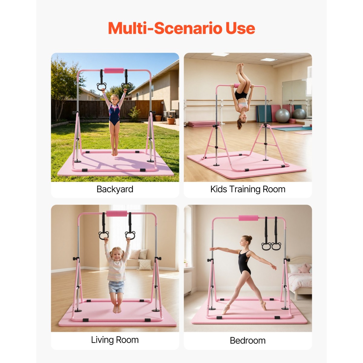 VEVOR Gymnastic Bars for Kids, 63,5 kg Πτυσσόμενη Μπάρα προπόνησης χωρητικότητας με χαλάκι, ρυθμιζόμενο ύψος γυμναστική οριζόντια μπάρα για το σπίτι, εξοπλισμός προπόνησης για εσωτερικούς εξωτερικούς χώρους, Εύκολη συναρμολόγηση, Ροζ