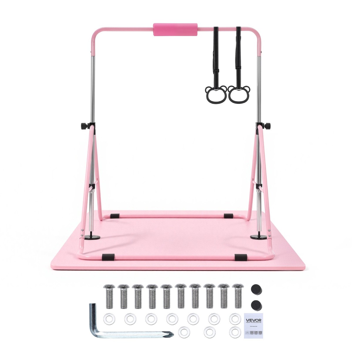 VEVOR Gymnastic Bars for Kids, 63,5 kg Πτυσσόμενη Μπάρα προπόνησης χωρητικότητας με χαλάκι, ρυθμιζόμενο ύψος γυμναστική οριζόντια μπάρα για το σπίτι, εξοπλισμός προπόνησης για εσωτερικούς εξωτερικούς χώρους, Εύκολη συναρμολόγηση, Ροζ