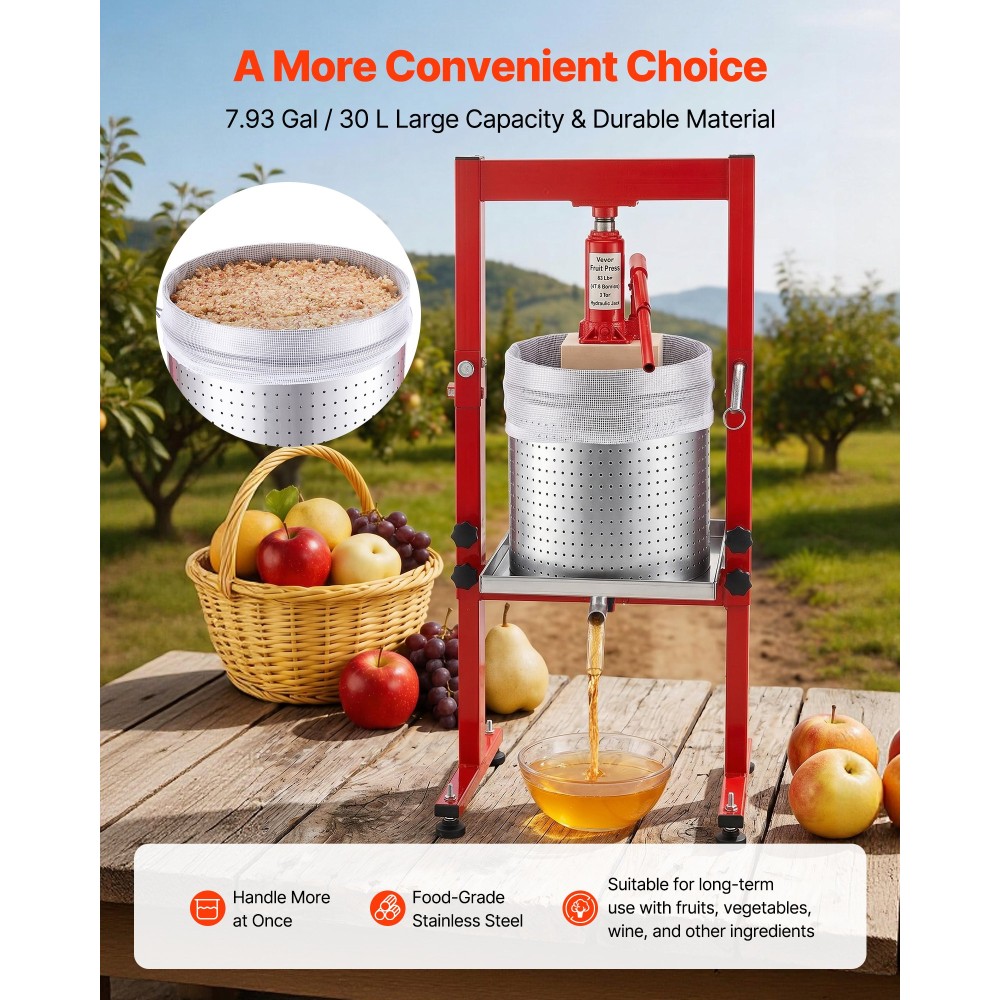 VEVOR Hydraulic Fruit Wine Press, 7,93Gal/30L, Stainless Steel Heavy Duty Manual Juice Maker, Cider Apple Grape Vegetable Crusher, Cheese/Tincture/Herbal Press, with 2 filter bags, for Kitchen Home