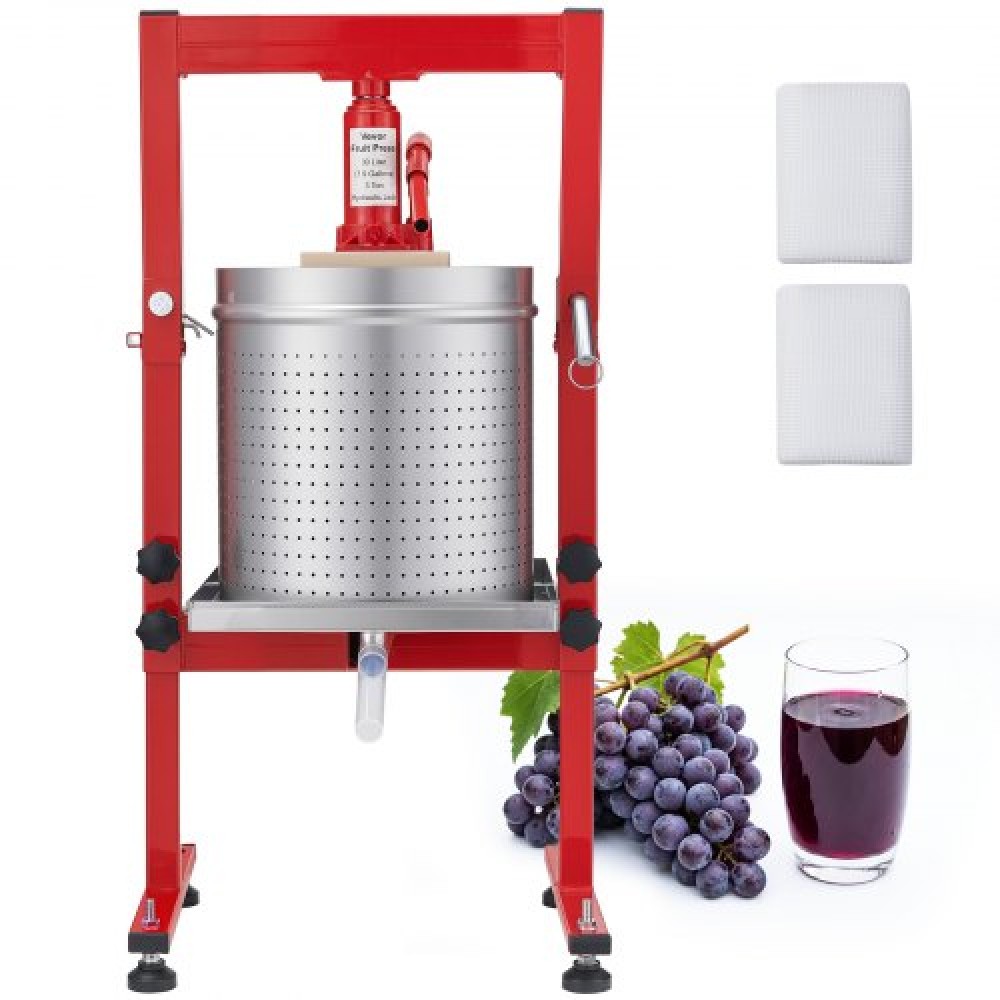VEVOR Hydraulic Fruit Wine Press, 7,93Gal/30L, Stainless Steel Heavy Duty Manual Juice Maker, Cider Apple Grape Vegetable Crusher, Cheese/Tincture/Herbal Press, with 2 filter bags, for Kitchen Home