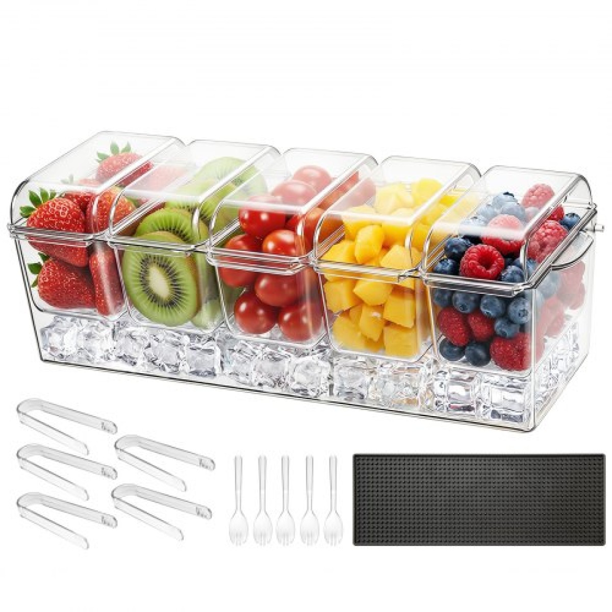 VEVOR Chilled Condiment Server Caddy, Δοχείο σερβιρίσματος 5 διαμερισμάτων με παγωμένο πάγο, Πλαστική πιατέλα για γαρνιτούρα φρούτων με ξεχωριστό καπάκι, για αξεσουάρ Taco Salad Bar, Προμήθειες Εστιατορίου για πάρτι για το σπίτι
